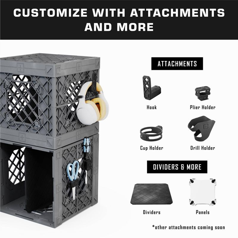 UbeCube Grabinet 1"x2" Kit Crate Black/Gray Bin: Stackable Polypropylene Decorative Box, Industrial Style, 13.5" Square