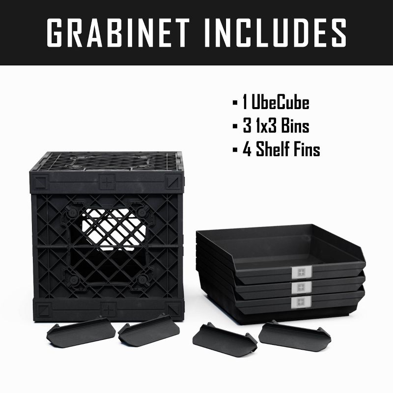 UbeCube Grabinet 1"x3" Kit Crate Black Bin: Stackable Polypropylene Storage, Industrial Style, 13.5" Square