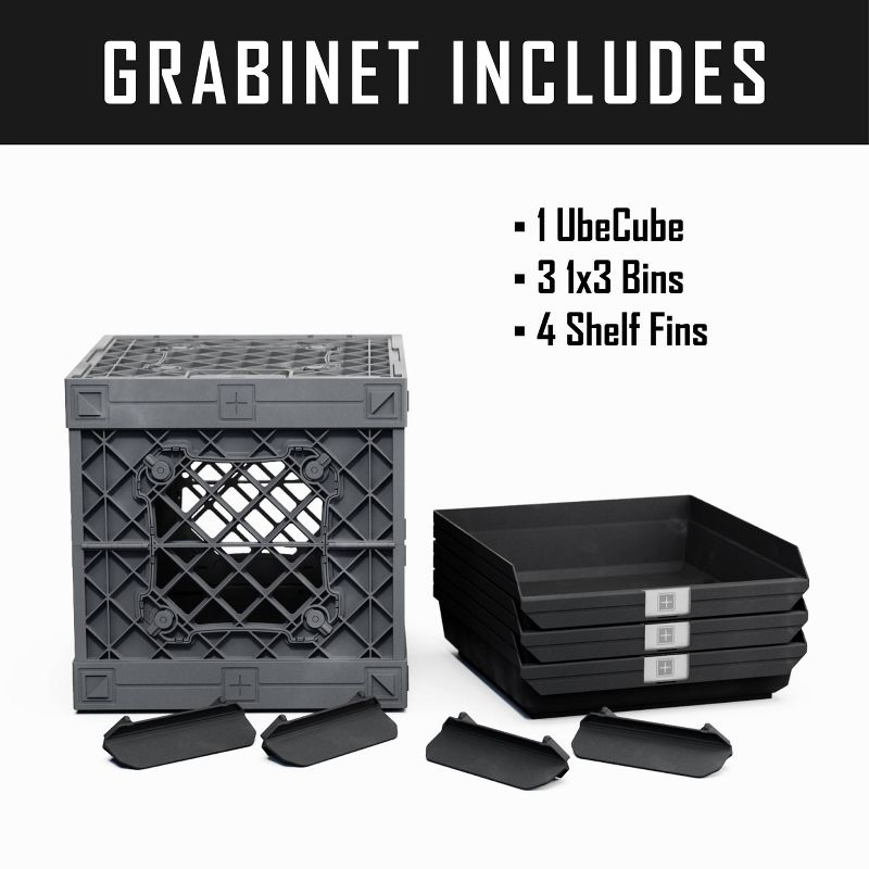UbeCube Grabinet Kit 1"x3" Crate Black/Gray Bin: Stackable Polypropylene Decorative Box, Industrial Style, 13.5" Square