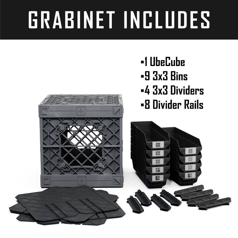 UbeCube Grabinet Kit 3"x3" Crate Black/Gray Bin: Stackable Polypropylene Decorative Box, Industrial Style, 13.5" Square