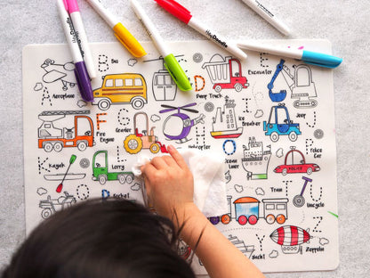 Toot Toot Honk Reusable Silicone Colouring Placemat by HeyDoodle(E-B00KS) DIGITAL BOOK