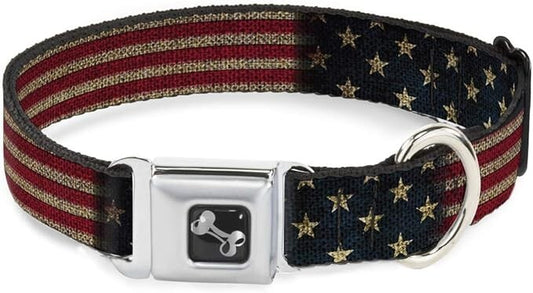 Buckle-Down Dog Collar Seatbelt Buckle Vintage US Flag Stretch 15 to 26