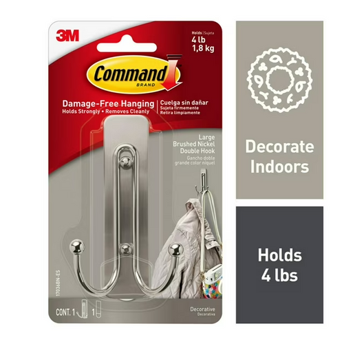 Command Large Double Wall Hooks, Brushed Nickel, Damage Free Decorating, 1 Hook