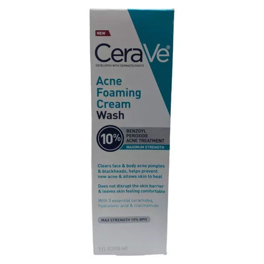 CeraVe Acne Foaming Cream Wash with 10% Benzoyl Peroxide for Face & Body, 5 oz