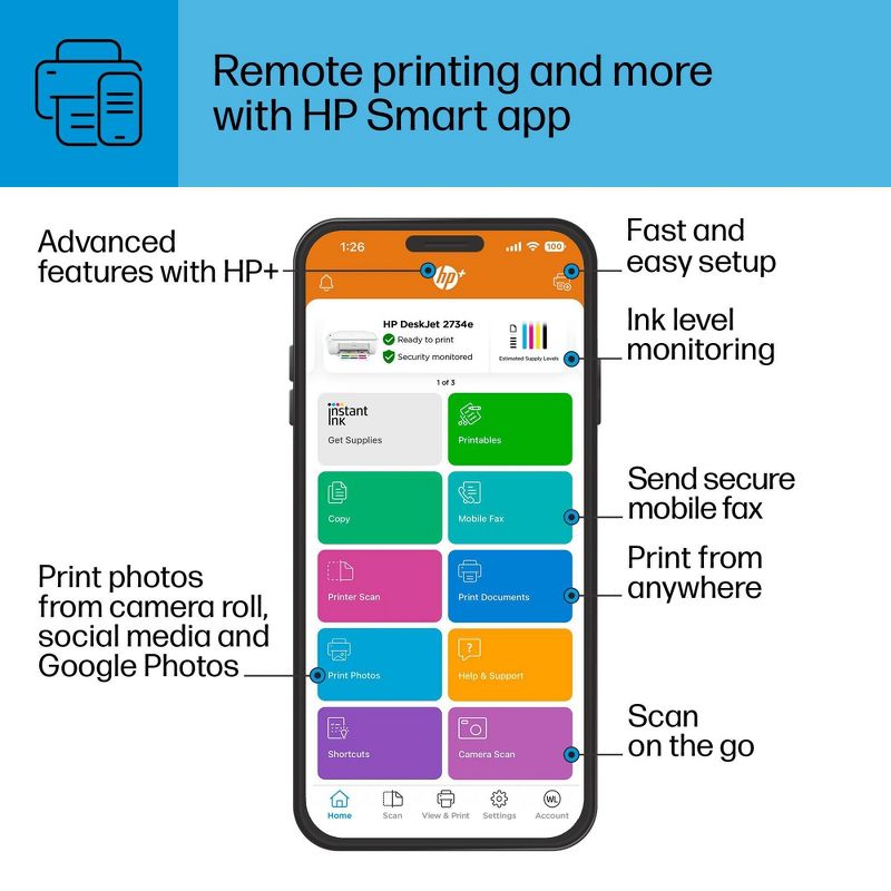 HP DeskJet 2734e Wireless All-in-One Color Printer Scanner Copier with Instant Ink and HP+ (26K72A)