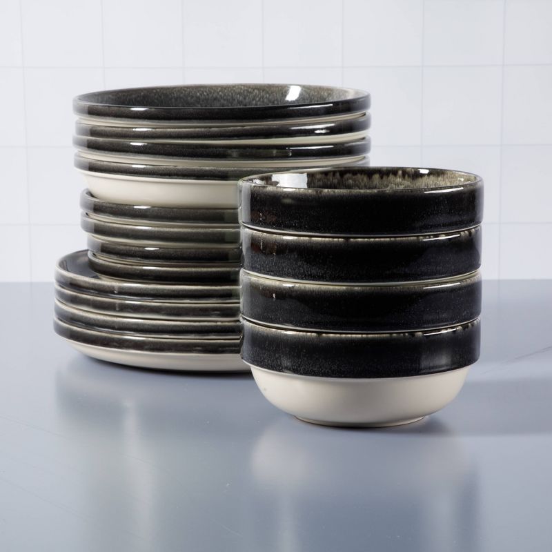 Gibson Home Sur La Table Kitchen Essentials Banquette 16pc Reactive Glaze Stoneware Dinnerware Set Black: Kitchen Dish Set, Service for 4