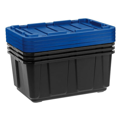 IRIS 27gal Stackable Storage Totes with Lids Black Blue 4pk