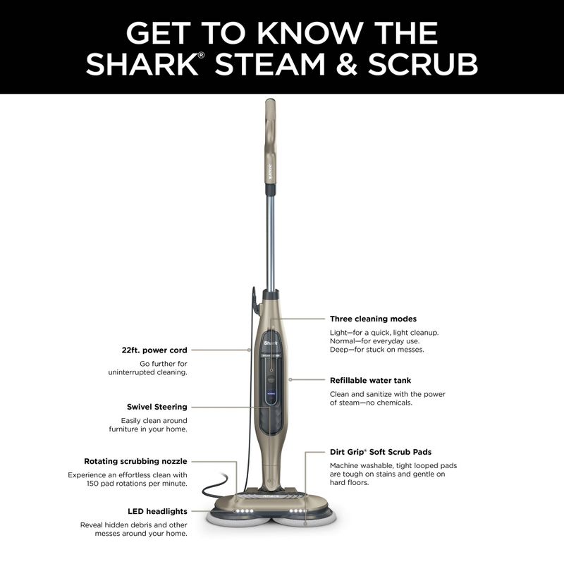 Shark Steam and Scrub All-in-One Scrubbing and Sanitizing Hard Floor Steam Mop - S7001TGT: Electric Floor Steamer, 3 Speeds
