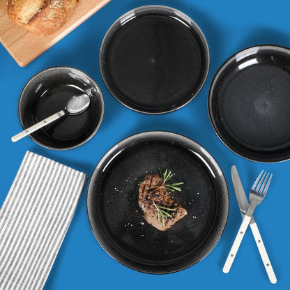 Gibson Home Sur La Table Kitchen Essentials Banquette 16pc Reactive Glaze Stoneware Dinnerware Set Black: Kitchen Dish Set, Service for 4