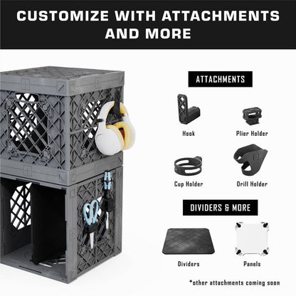 UbeCube Grabinet 1"x2" Kit Crate Black/Gray Bin: Stackable Polypropylene Decorative Box, Industrial Style, 13.5" Square