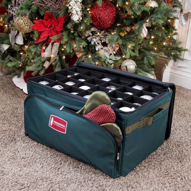 TreeKeeper 3 Tray Ornament Keeper Storage Bag with Front Pocket: Christmas Ornament Organizer, Padded Lining, Green