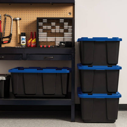 IRIS 27gal Stackable Storage Totes with Lids Black Blue 4pk