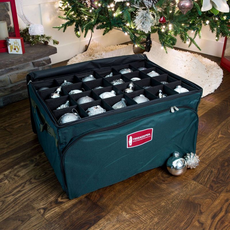 TreeKeeper 3 Tray Ornament Keeper Storage Bag with Front Pocket: Christmas Ornament Organizer, Padded Lining, Green