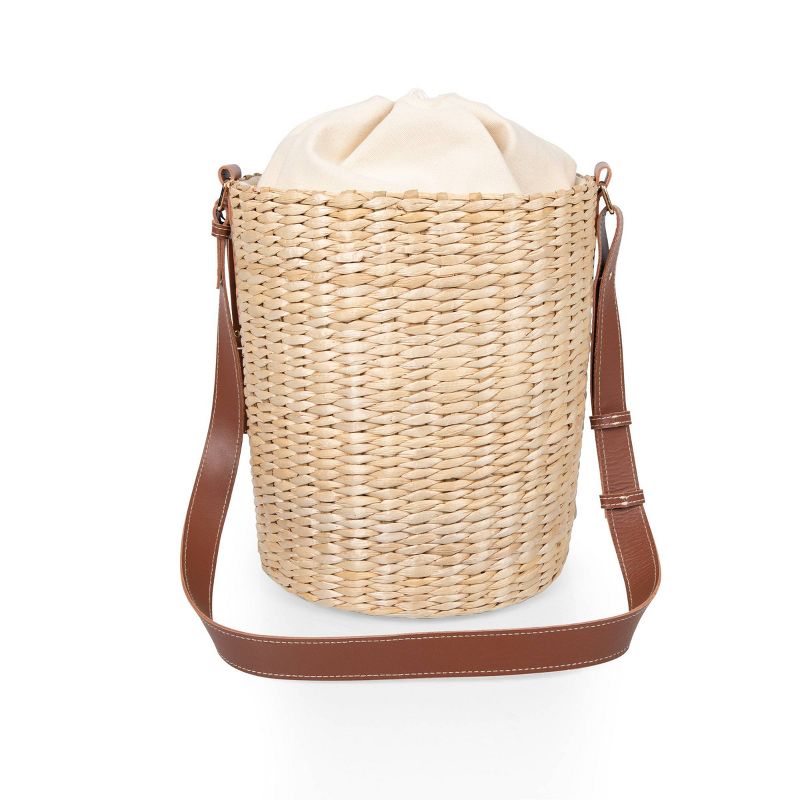 Picnic Time Palermo Rush Insulated Bucket Tote with Leather Straps Beige Canvas