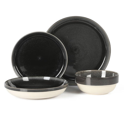 Gibson Home Sur La Table Kitchen Essentials Banquette 16pc Reactive Glaze Stoneware Dinnerware Set Black: Kitchen Dish Set, Service for 4
