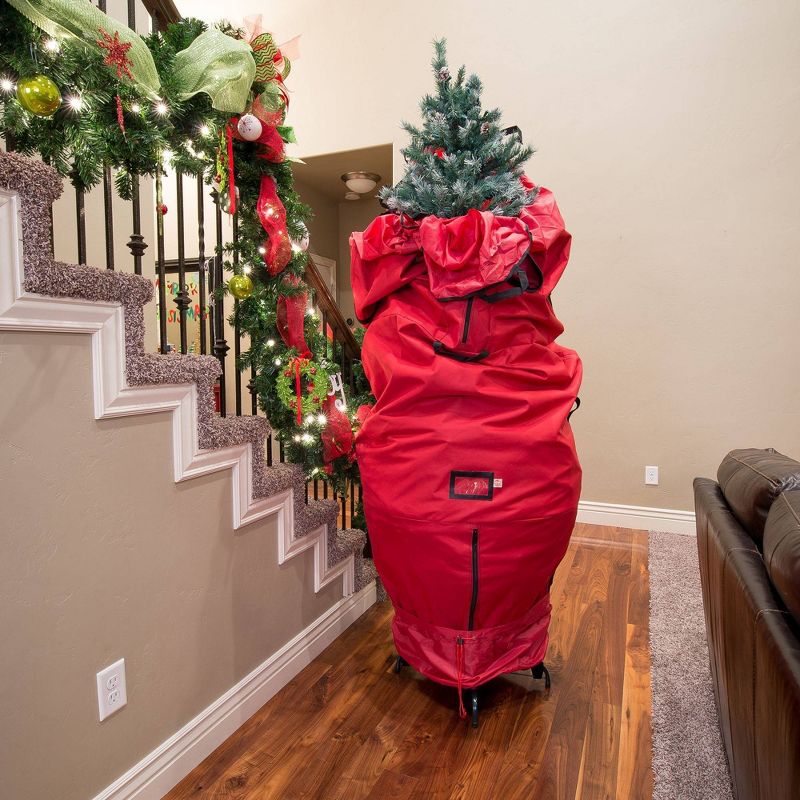 TreeKeeper 7.5' Santa's Bags Upright Tree Storage Bag: Christmas Tree Storage, Built-In Handles, Polyester, Red