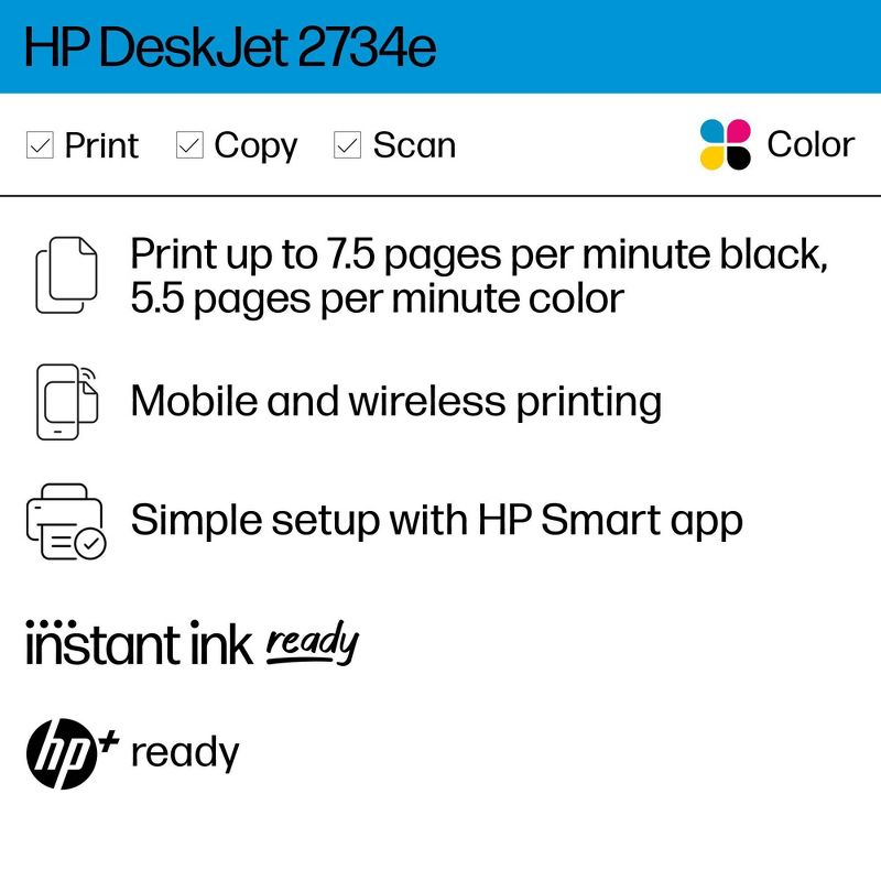 HP DeskJet 2734e Wireless All-in-One Color Printer Scanner Copier with Instant Ink and HP+ (26K72A)