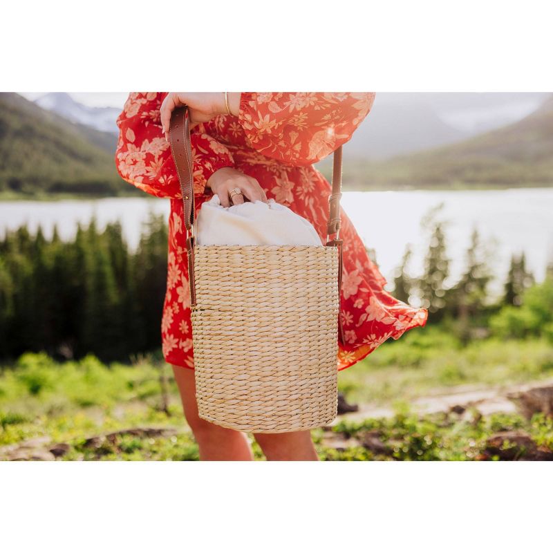 Picnic Time Palermo Rush Insulated Bucket Tote with Leather Straps Beige Canvas