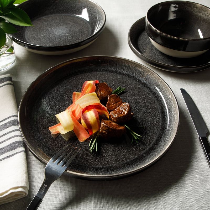Gibson Home Sur La Table Kitchen Essentials Banquette 16pc Reactive Glaze Stoneware Dinnerware Set Black: Kitchen Dish Set, Service for 4